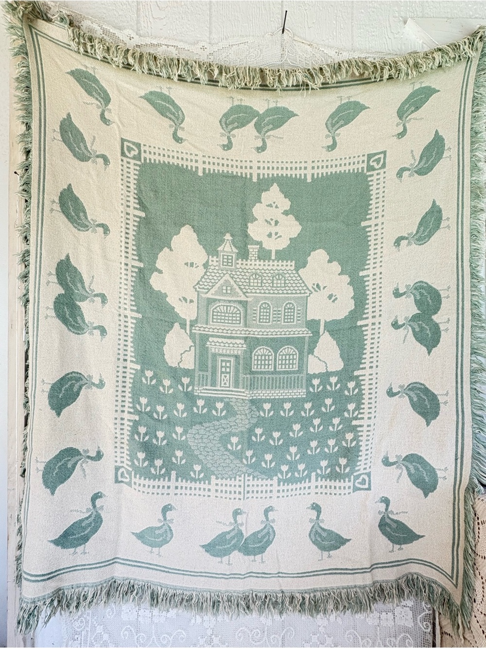 Vintage- Geese & Cottage Throw Blanket in Sage Green 46x56